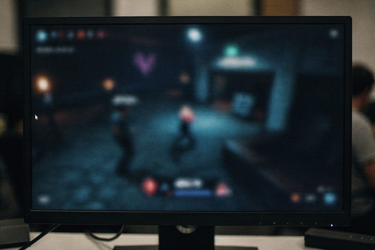 A monitor filling the frame with a soft-focus in-game environment mid-match