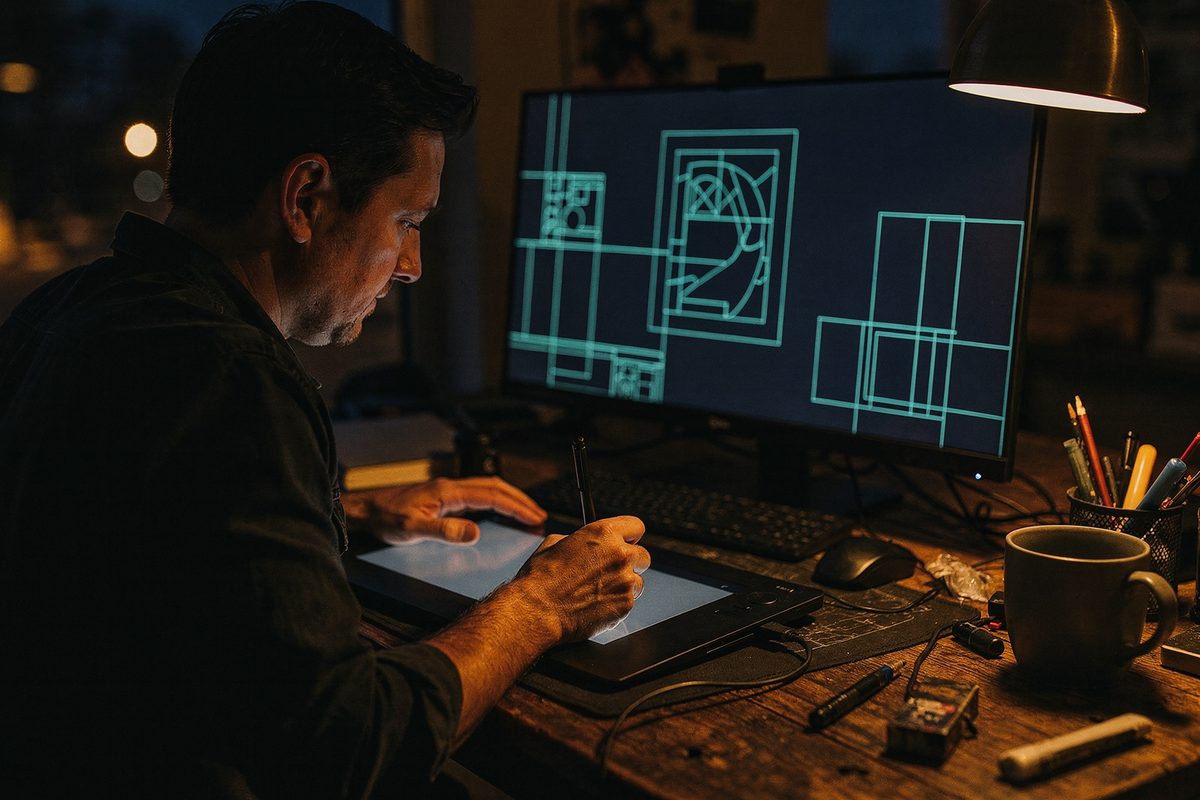 A person at a desk at night reviewing a wireframe layout on a monitor with a drawing tablet in hand